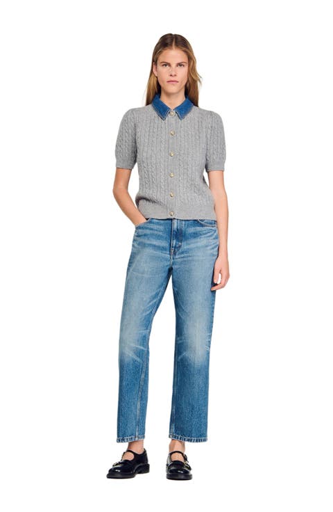 Cardigan with detachable denim collar