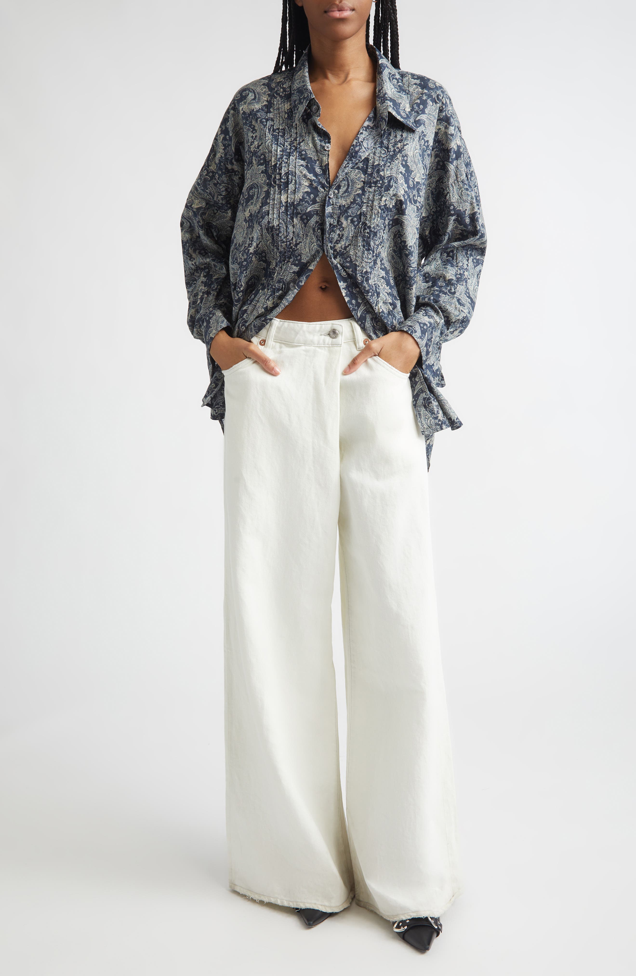 Drop Neck Pintuck Paisley Print Button-Up Shirt - image 2