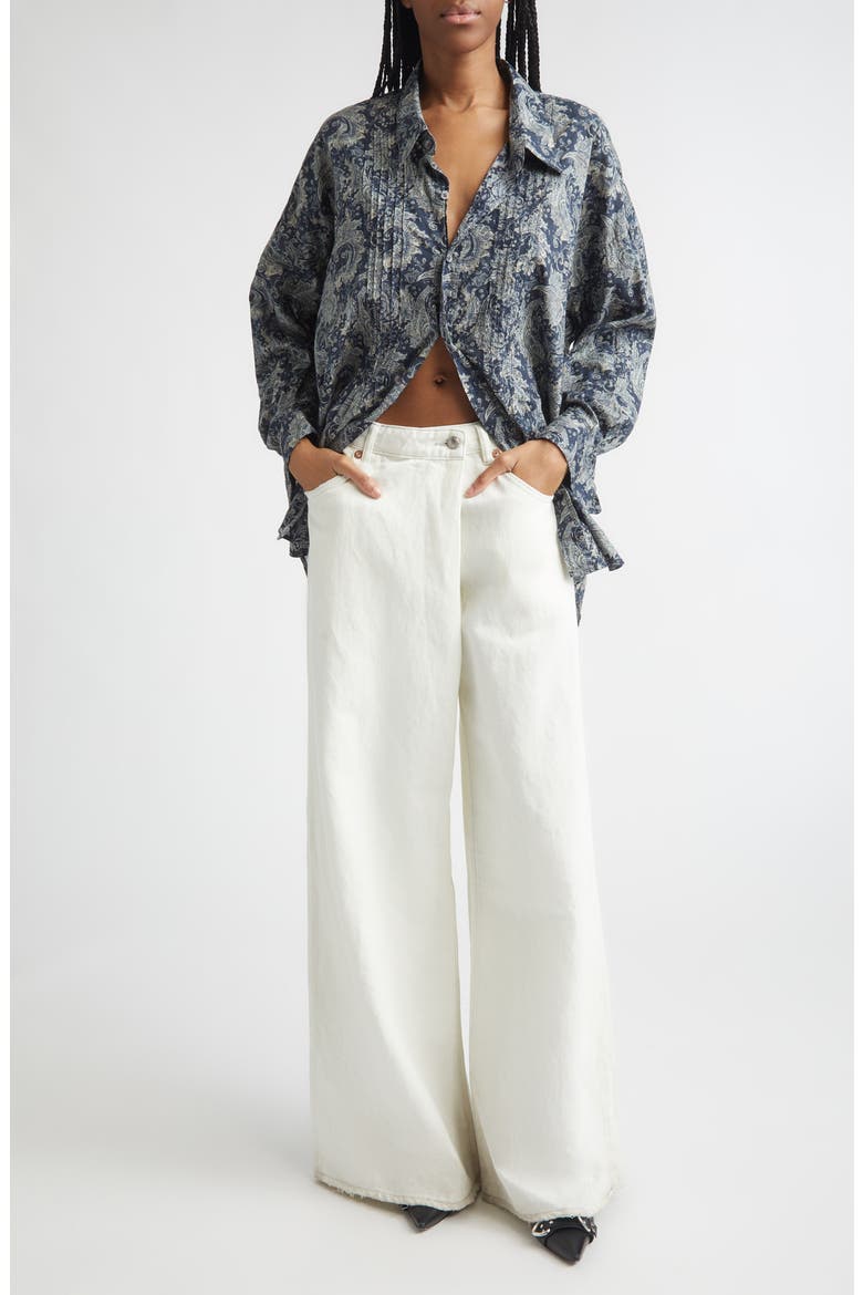 Drop Neck Pintuck Paisley Print Button-Up Shirt, Alternate, color, BLUE INDIGO PAISLEY