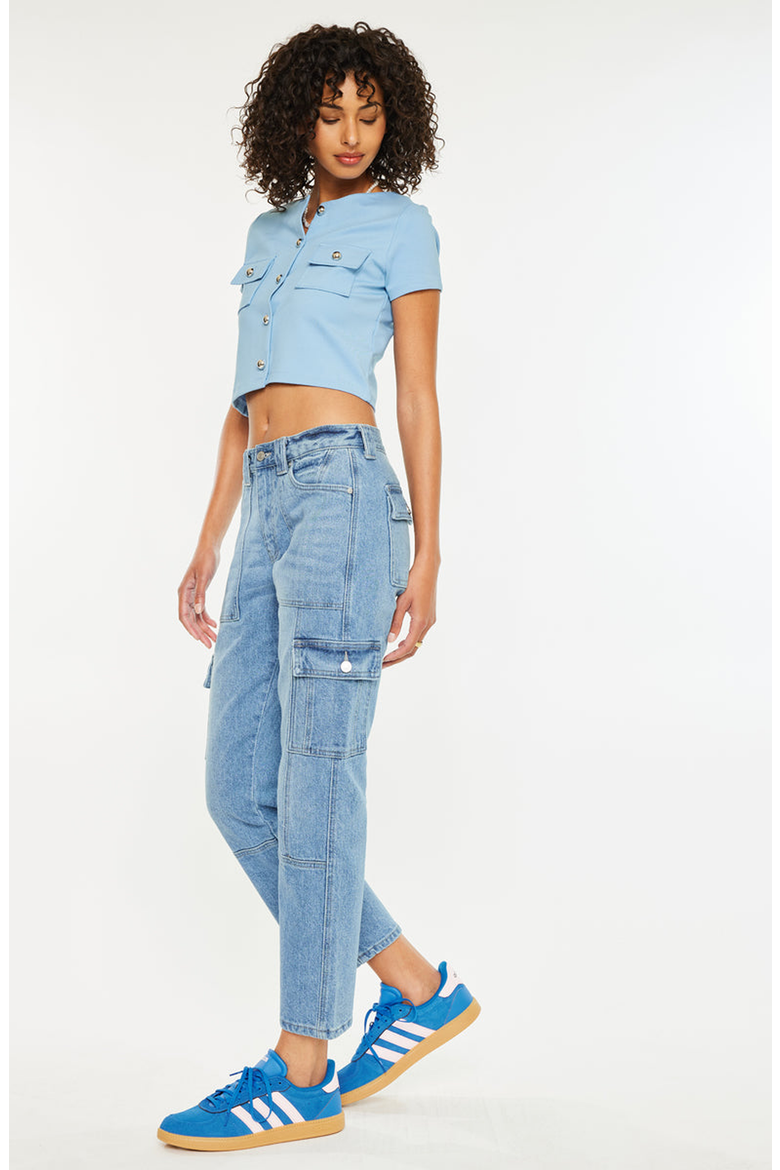Aaliyah High Rise Slim Straight Leg Cargo Jeans, Alternate, color, Medium Wash