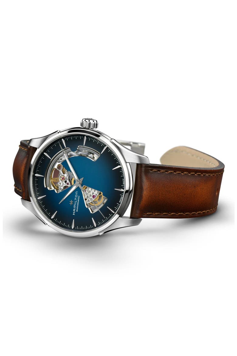 Jazzmaster Open Heart Leather Strap Watch, 40mm, Alternate, color, BLUE