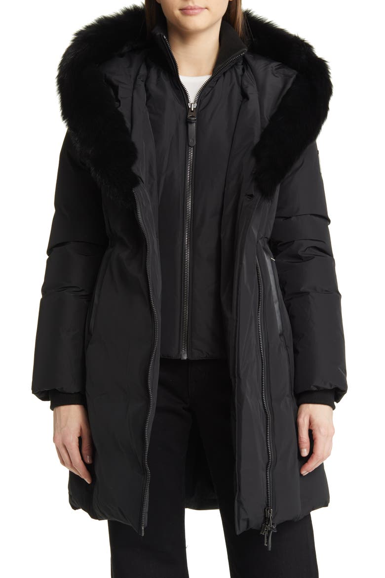 Kay Water Resistant Down Coat with Genuine Shearling Trim, Alternate, color, BLACK