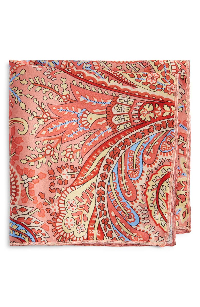 CLIFTON WILSON Peach Paisley Silk Pocket Square, Main, color, Peach