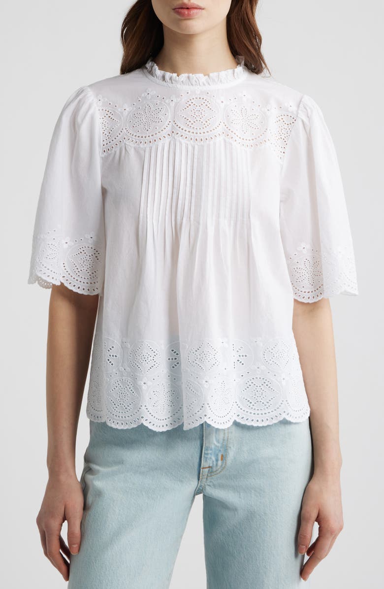 Madewell Embroidered Pintuck High Neck Cotton Voile Top, Main, color, White