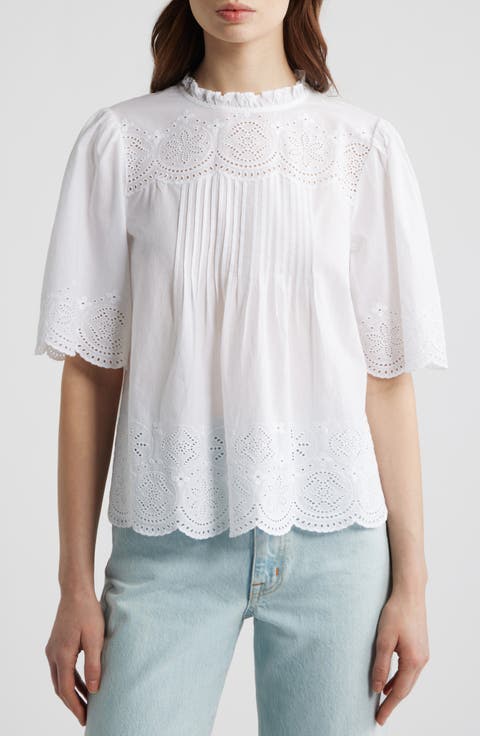 Embroidered Pintuck High Neck Cotton Voile Top