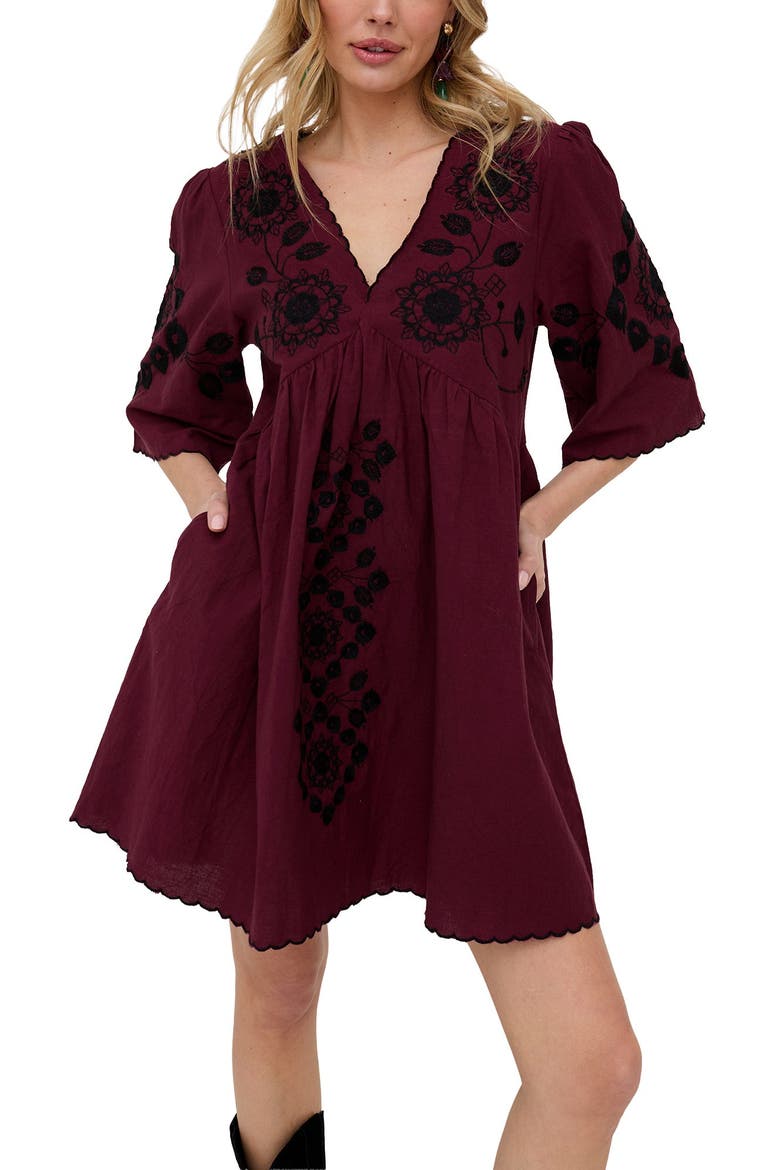Arabella V- Neck Embroidered Mini Dress, Main, color, Burgundy