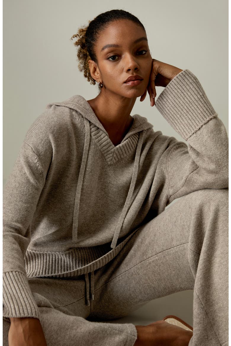 Women's V Neck Wool-Cashmere Blend Hoodie, Alternate, color, Camel