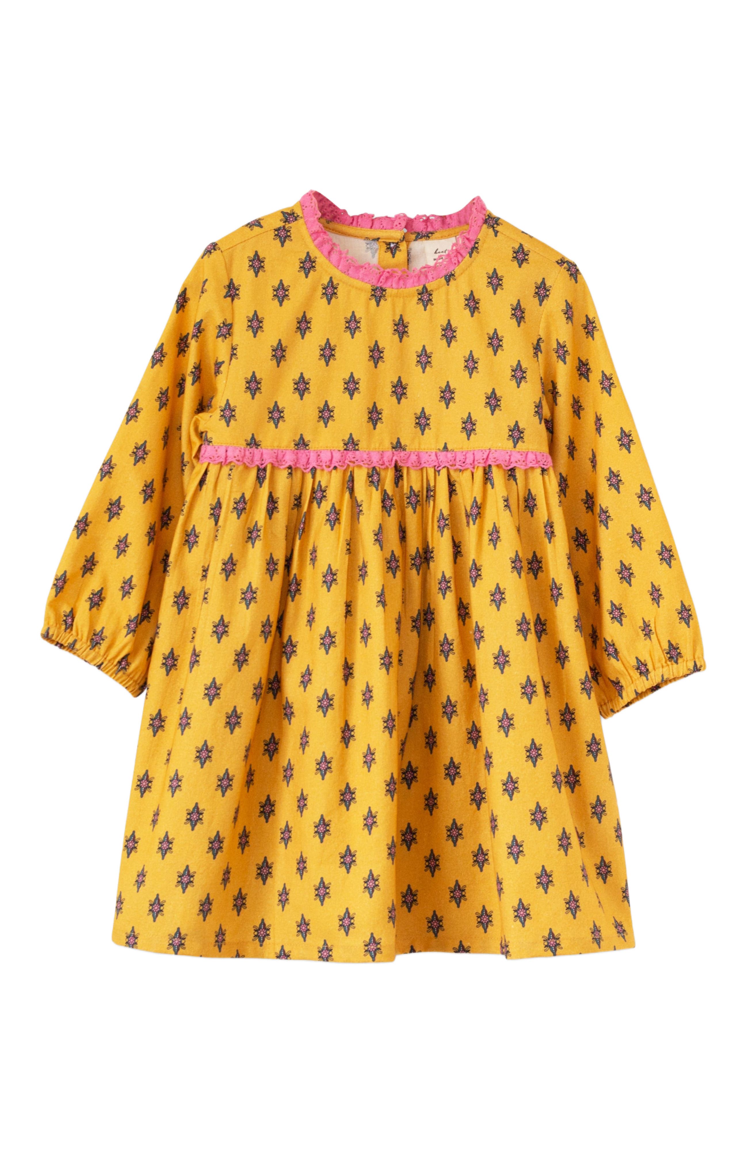 Beet World Toddler Long Sleeves Dress with Lace Trim in Yellow And Pink 