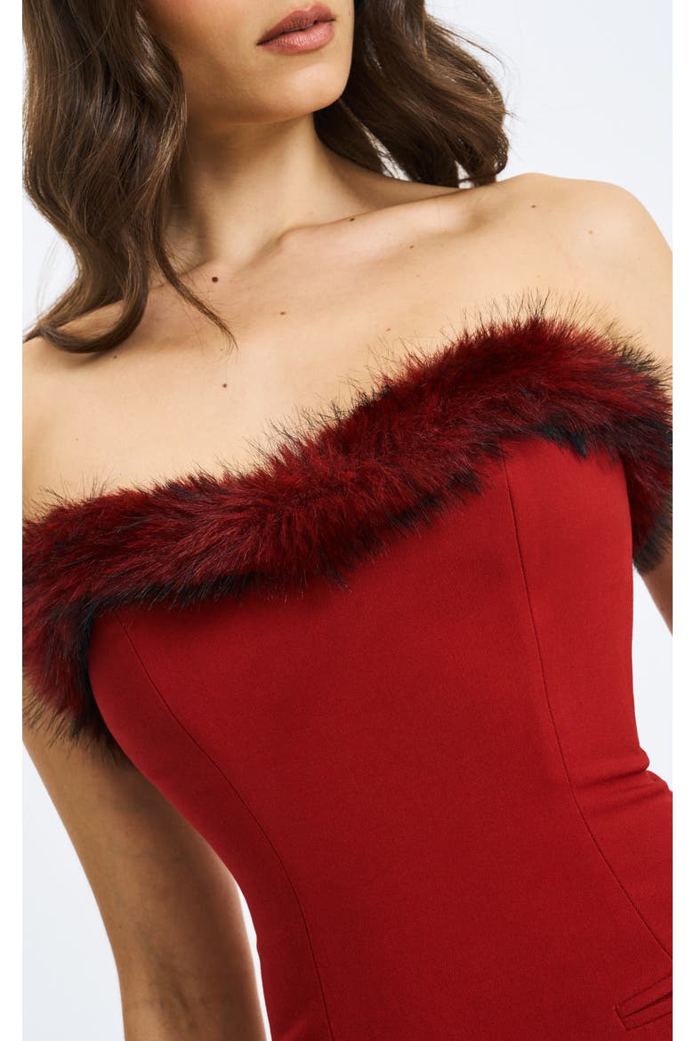 Nalia Faux Fur Trimmed Sweetheart Mini Dress, Alternate, color, Crimson