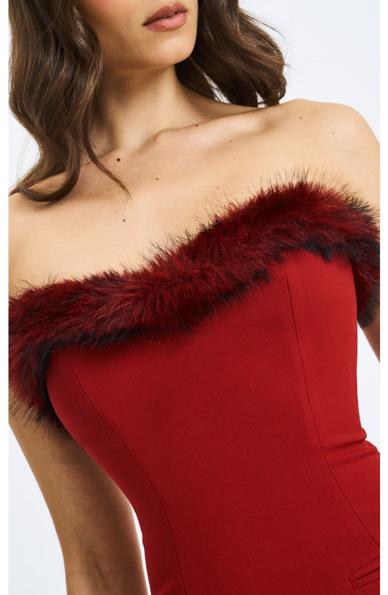 Miss Circle Nalia Faux Fur Trimmed Sweetheart Mini Dress, Alternate, color, Crimson