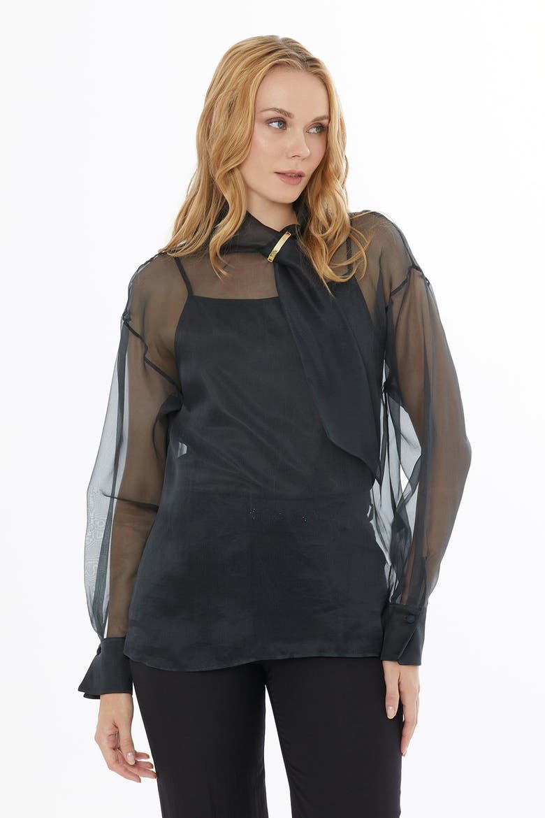 High Neck Sheer Silk Blouse with Back Button, Alternate, color, Black