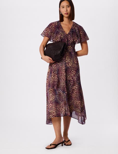 Orchid Print V-Neck Midi Dress