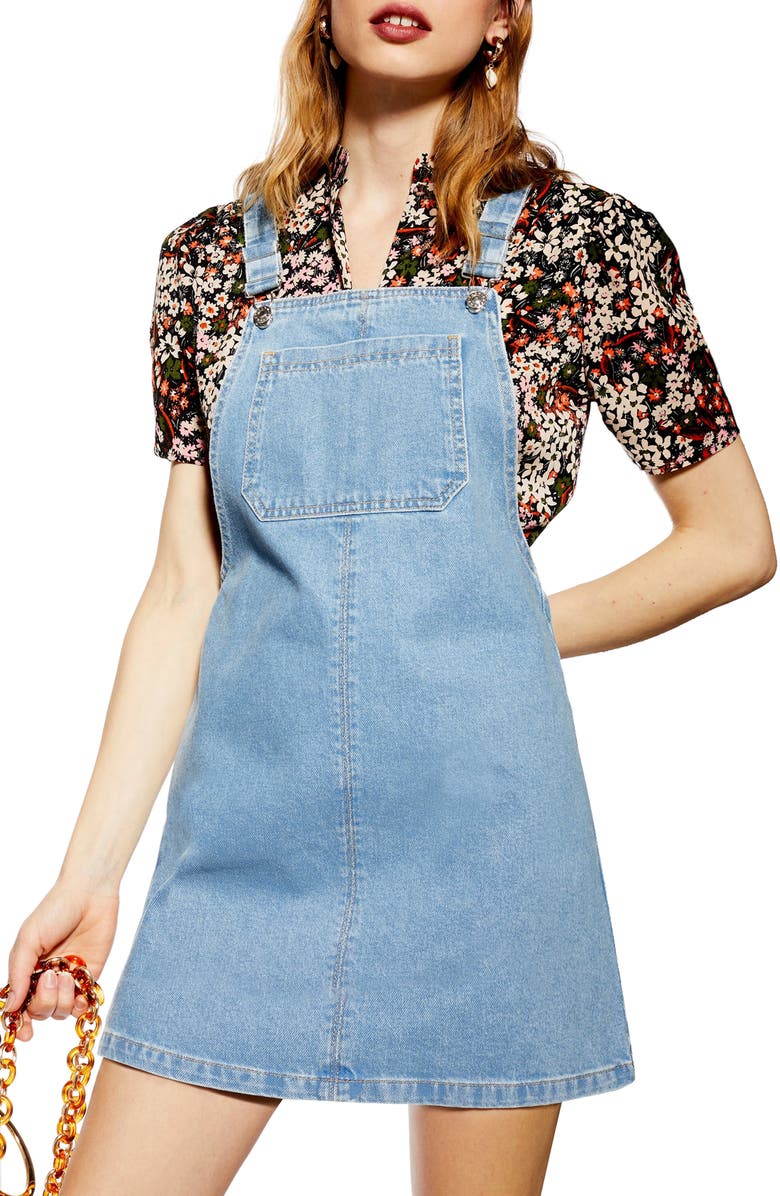 Topshop Denim Pinafore Bib Pocket Dress, Alternate, color,