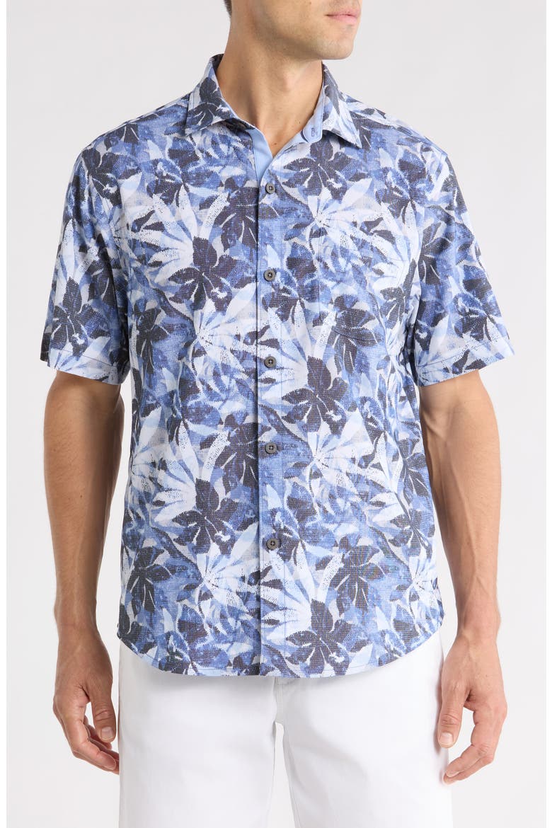 Coastal Ease Frond Drift IslandZone® Short Sleeve Button-Up Shirt, Main, color, REGAL BLUE