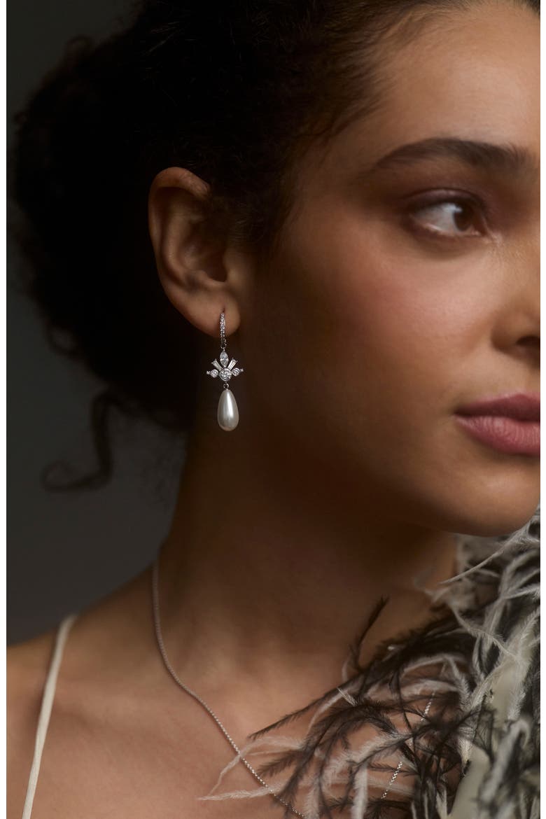 Imitation Pearl Teardrop Lever-Back Earrings, Alternate, color, RHODIUM