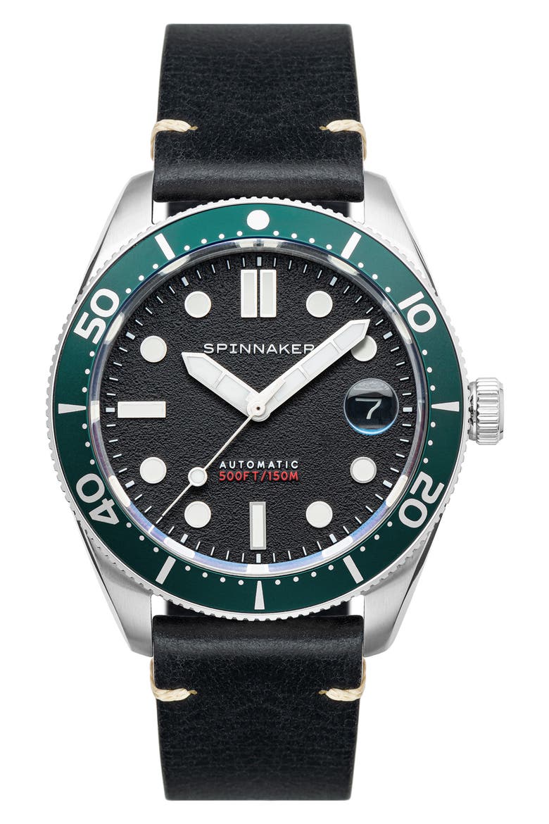 Croft Midsize Automatic Leather Strap Watch, 40mm, Main, color, BLACK