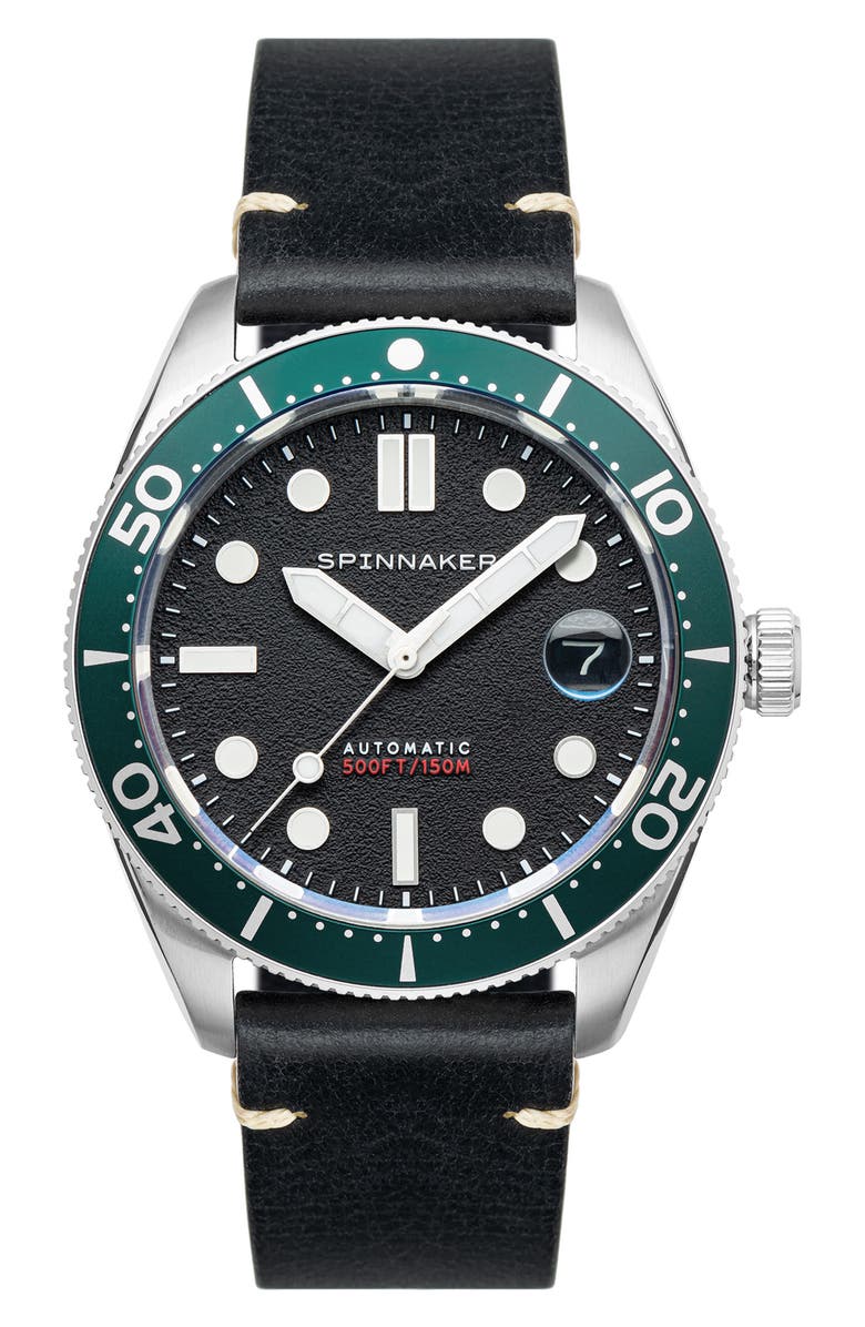 SPINNAKER Croft Midsize Automatic Leather Strap Watch, 40mm, Main, color, Black