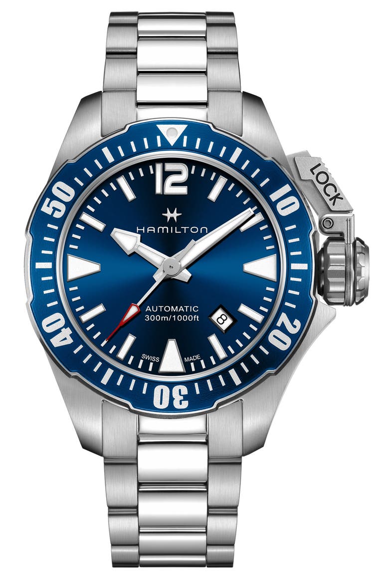 Khaki Navy Frogman Automatic Bracelet Watch, 42mm, Main, color, SILVER/ BLUE/ SILVER