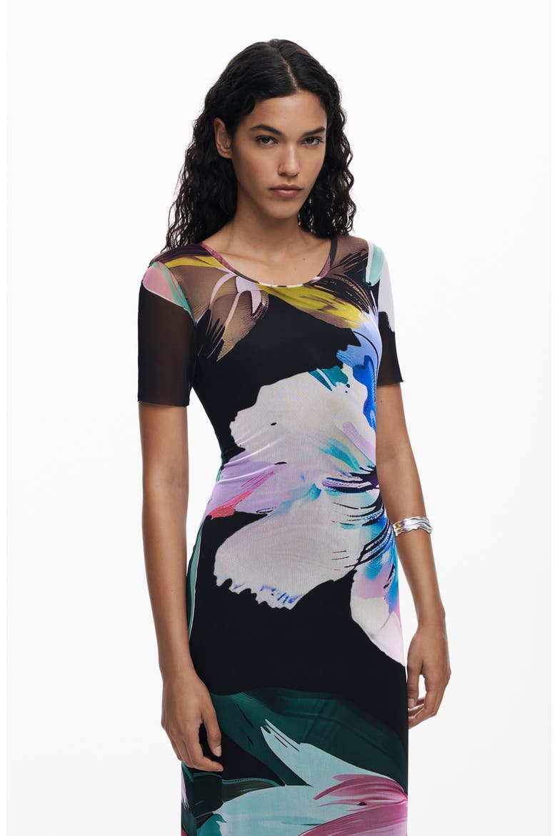 Floral Print Mesh Maxi Dress, Alternate, color, BLACK
