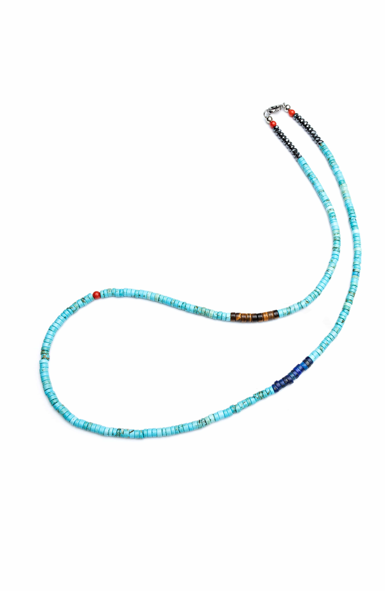 Nialaya Turquoise Tiger Eye Lapis Heishi Necklace, Main, color, Turquoise