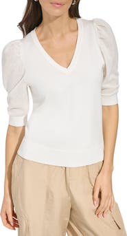 DKNY Puff Sleeve V-Neck Sweater