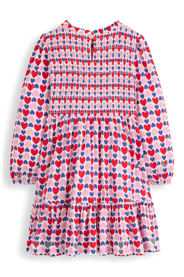 Kids' Heart Print Twirly Smocked Long Sleeve Cotton Dress, Alternate, color, POPPY RED GEO HEART