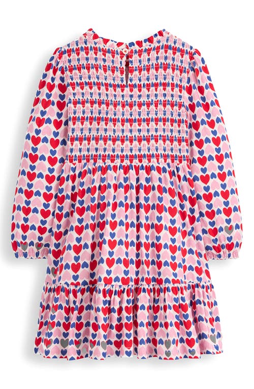 Mini Boden Kids' Heart Print Twirly Smocked Long Sleeve Cotton Dress In Pink