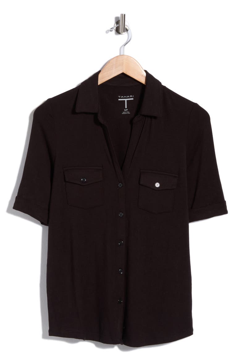 Cuffed Sleeve Button-Up Top, Alternate, color, BLACK