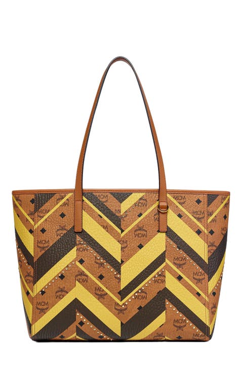 Studded Toni Top-Zip Shopper in Mega Herringbone Visetos