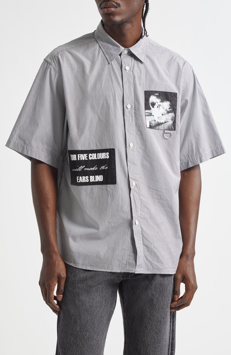 Undercover Patchwork Stripe Button-Up Shirt, Main, color, Black St