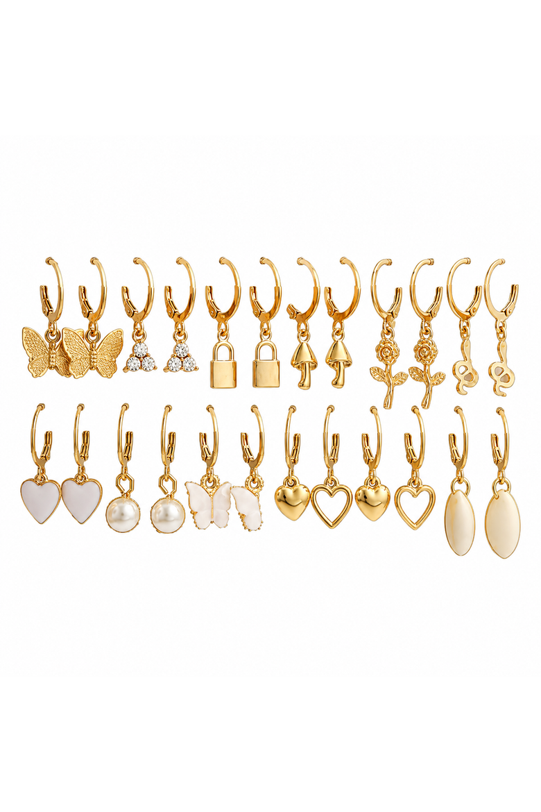 12-Pair 14K Gold-Plated Mixed Huggie Charm Earring Set, Main, color, Gold
