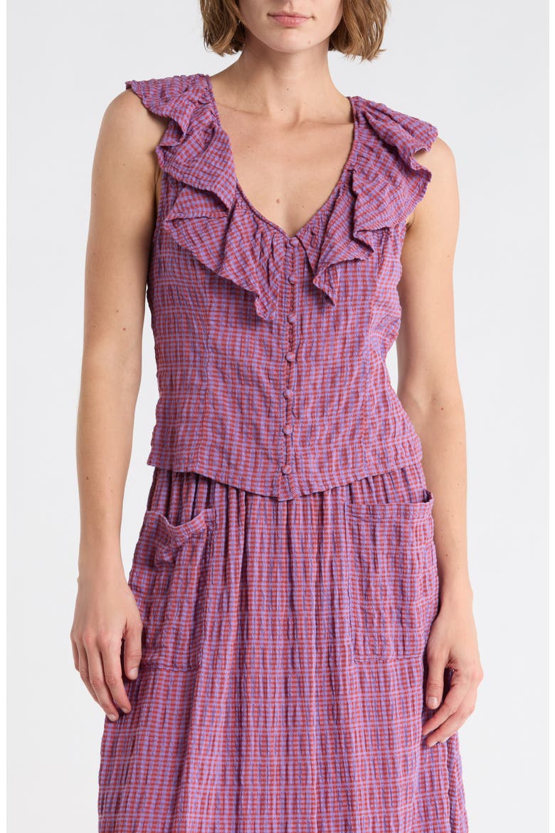 Ruffle V-Neck Sleeveless Top, Main, color, PURPLE- RUST MINI GINGHAM