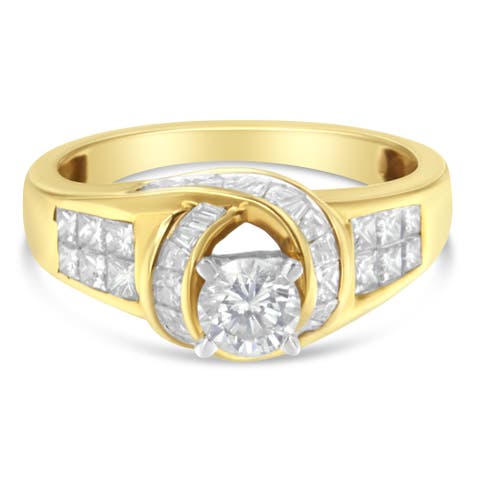 14K Gold 1 1/8Cttw Round Baguette and Princess Cut Diamond Ring