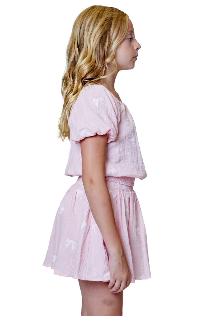 Design History Kids' Bow Embroidered Gauze Bubble Sleeve Top & Skirt Set, Alternate, color, Pink
