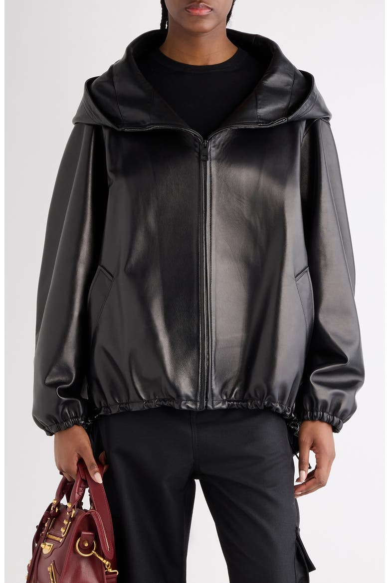 Relaxed Fit Smooth Leather Zip-Up Hoodie, Main, color, 1000 BLACK
