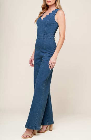 Scallop Wide Leg Denim Jumpsuit