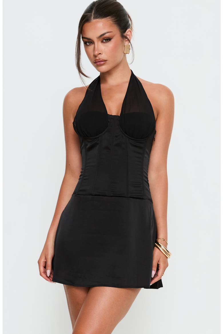 Evalana Corset Mini Halter Dress, Alternate, color, BLACK