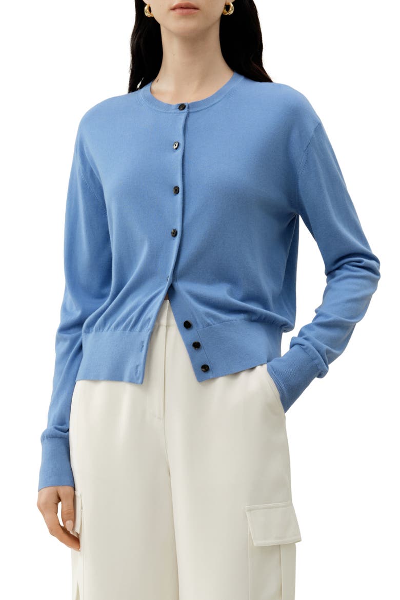 Women's Round-Neck Silk Cashmere Cardigan, Main, color, Azure