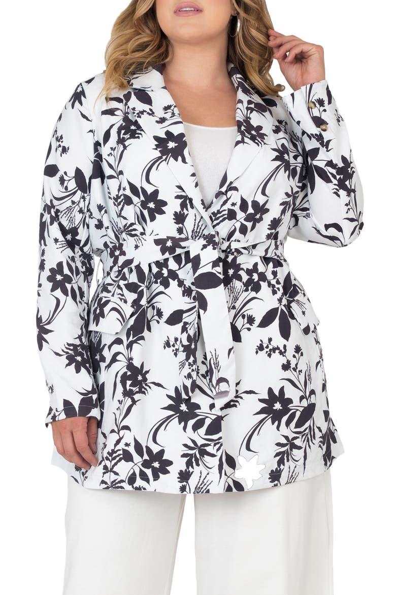 Belted Blazer, Main, color, BLACK WHITE FLORAL
