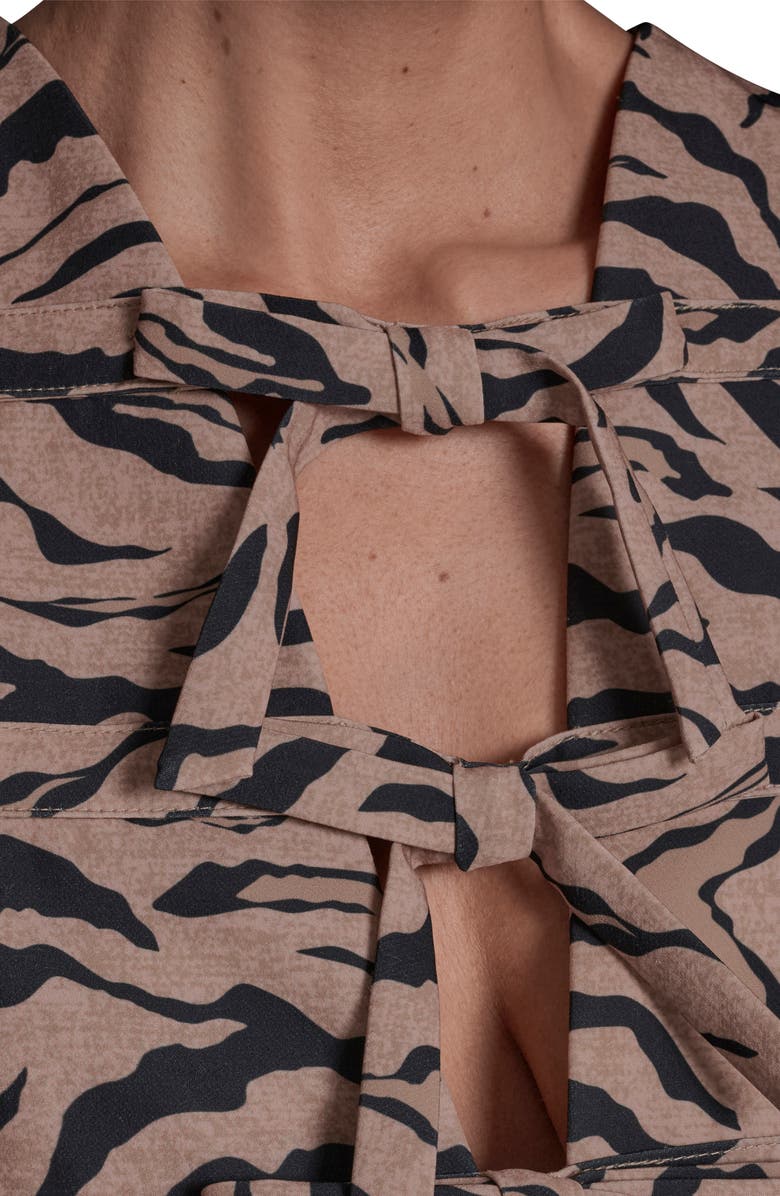 BCBG Stretch Crepe Bow Cutout Dress, Alternate, color, Black/ Brown Multi