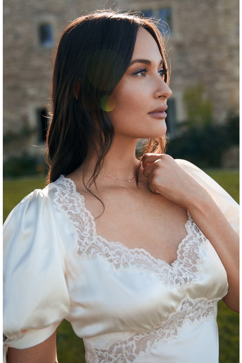 x kacey musgraves stella lace trim silk midi dress Reformation X Kacey Musgraves Stella Lace Trim Silk Midi Dress in Blue