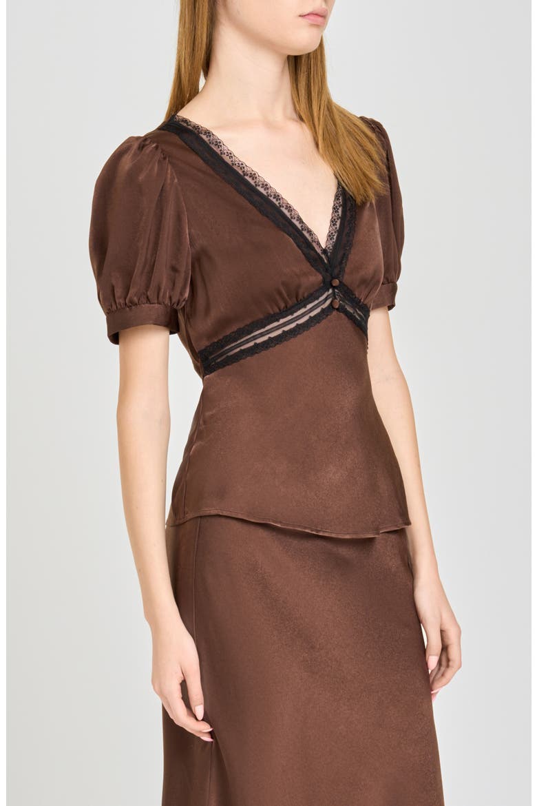 Felicity Lace Trim V-Neck Satin Top, Alternate, color, CHOCOLATE