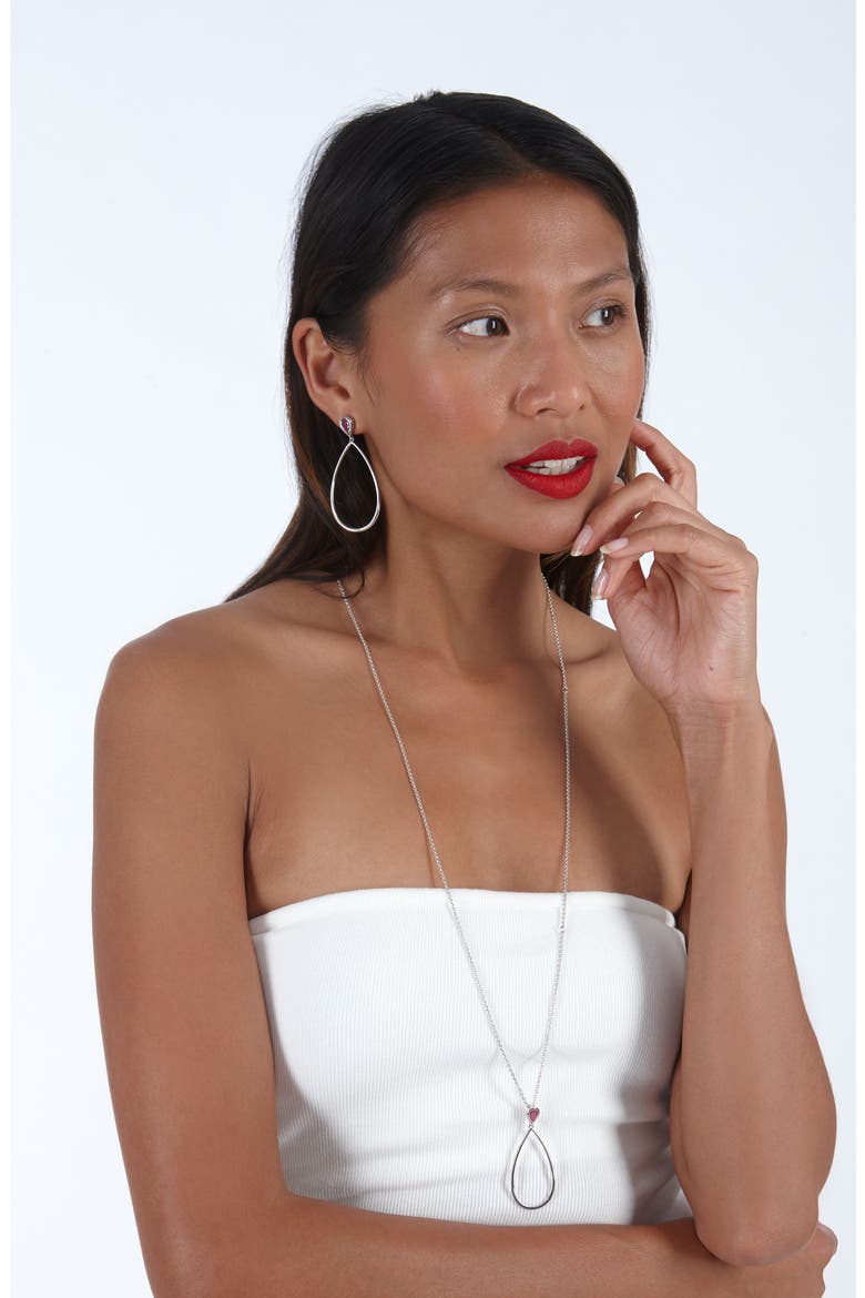 Long Petal Drop Necklace with Pear Cut Ruby, Alternate, color, Sterling Silver