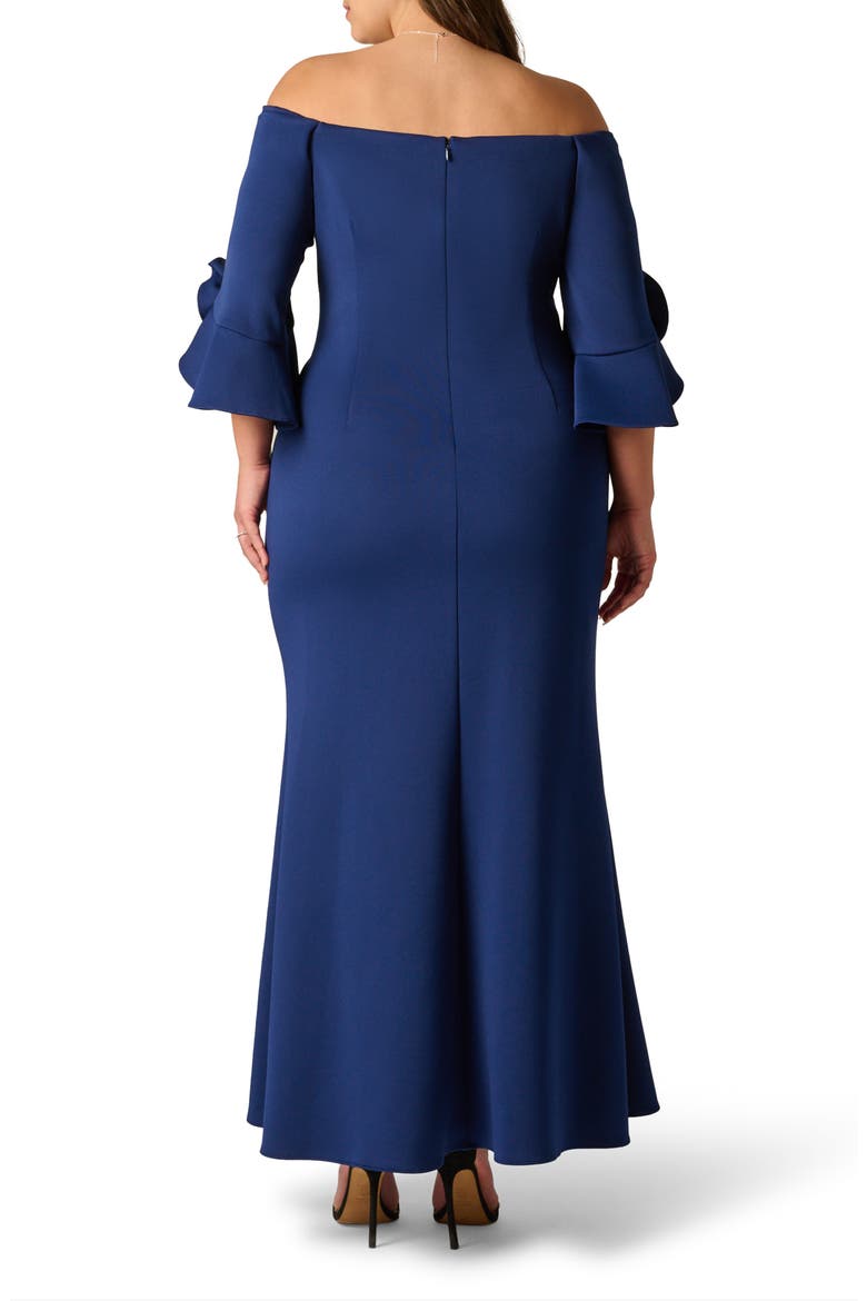 Rosette Off the Shoulder Scuba Crepe Gown, Alternate, color, NAVY SATEEN