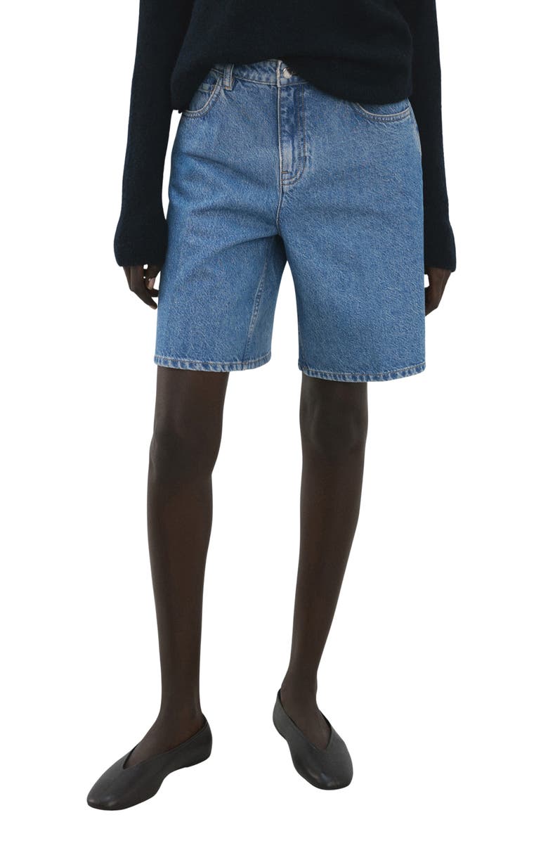 MANGO High Waist Mid Thigh Denim Shorts, Main, color, Medium Blue