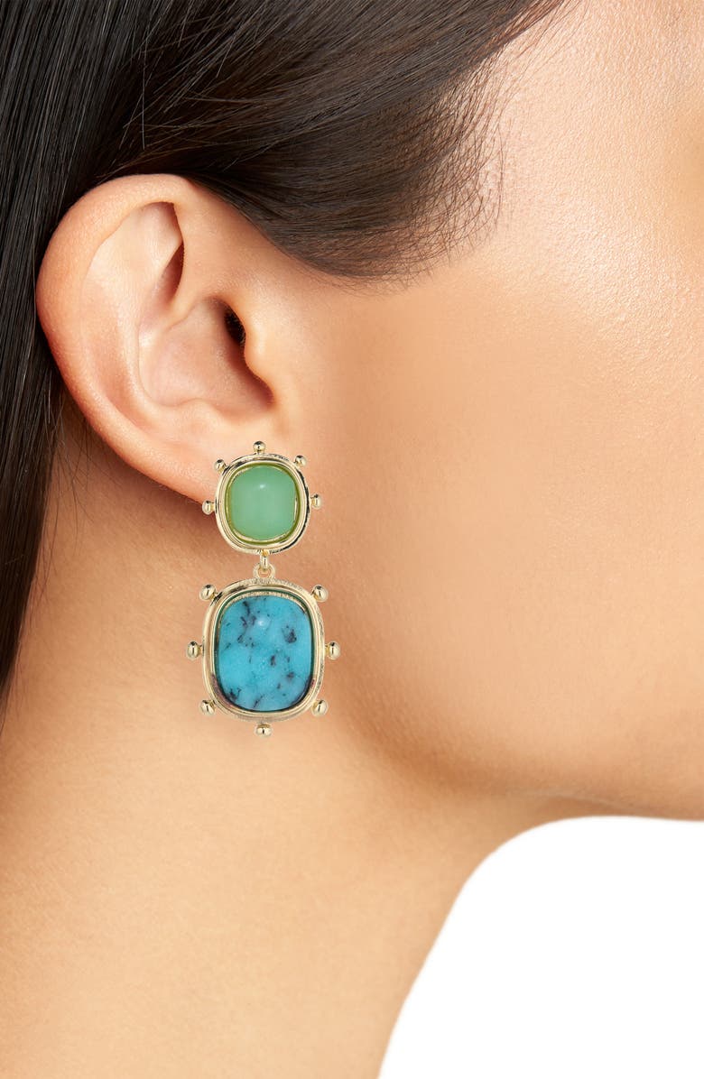 NATASHA Double Stone Drop Earrings, Alternate, color, Gold/ Green Turk