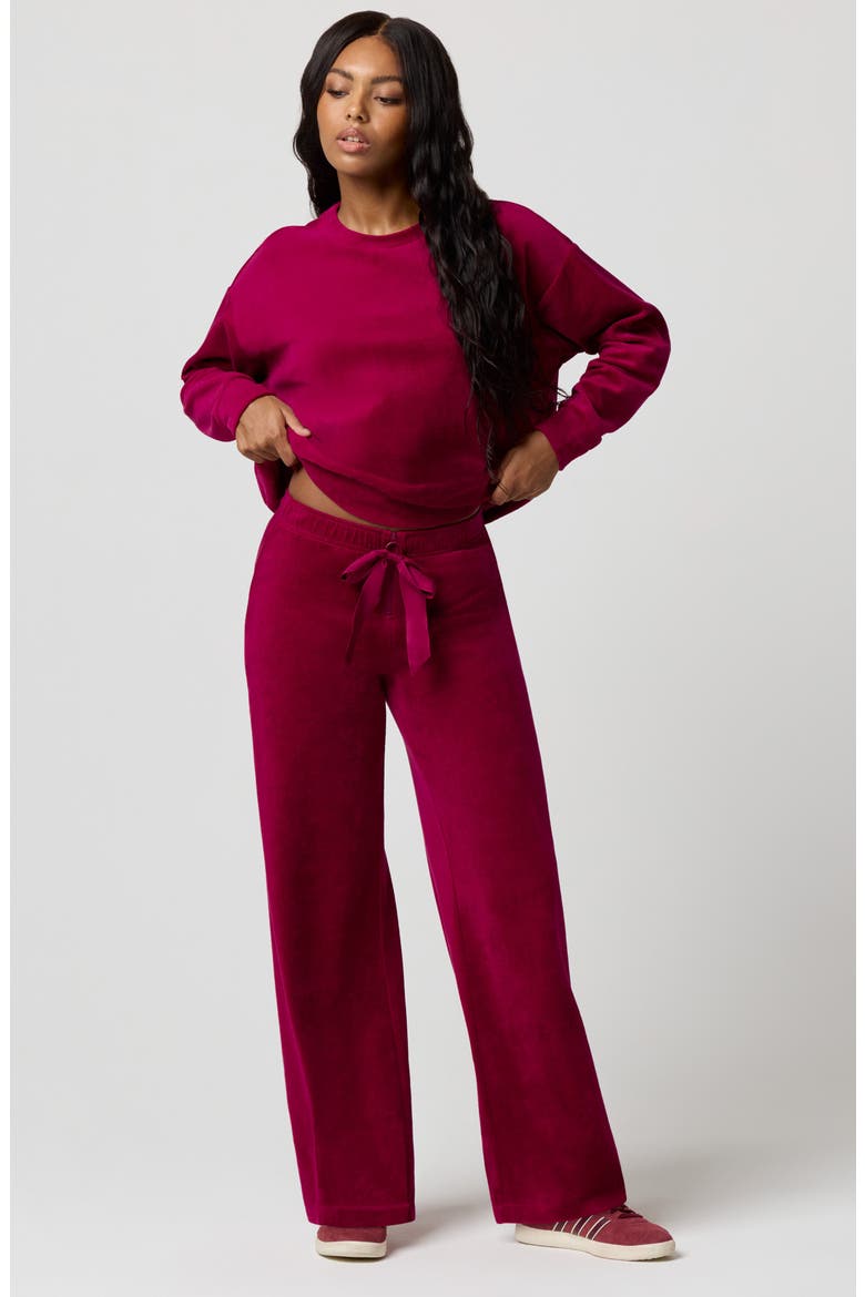 Crewneck Velour Sweatshirt, Alternate, color, BING CHERRY