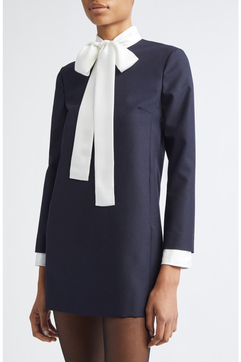 Bow Neck Long Sleeve Virign Wool Dress, Alternate, color, 415 NAVY