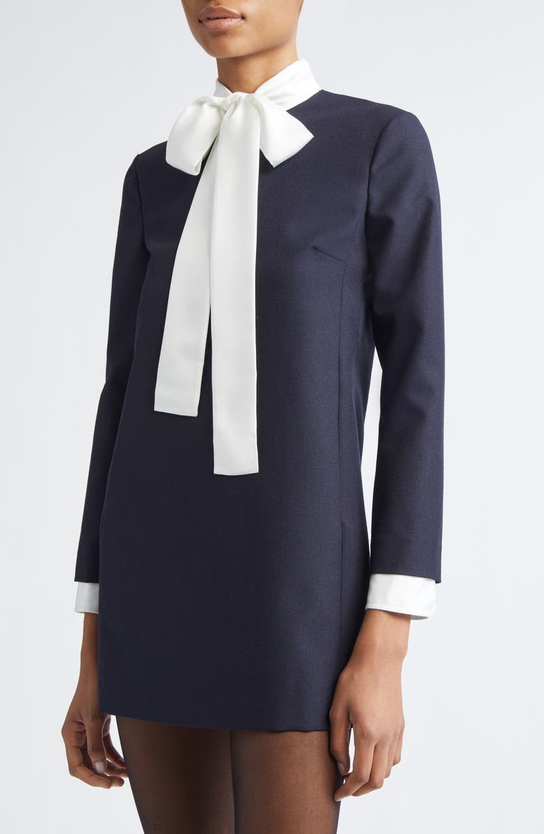 Thom Browne Bow Neck Long Sleeve Virign Wool Dress, Alternate, color, 415 Navy