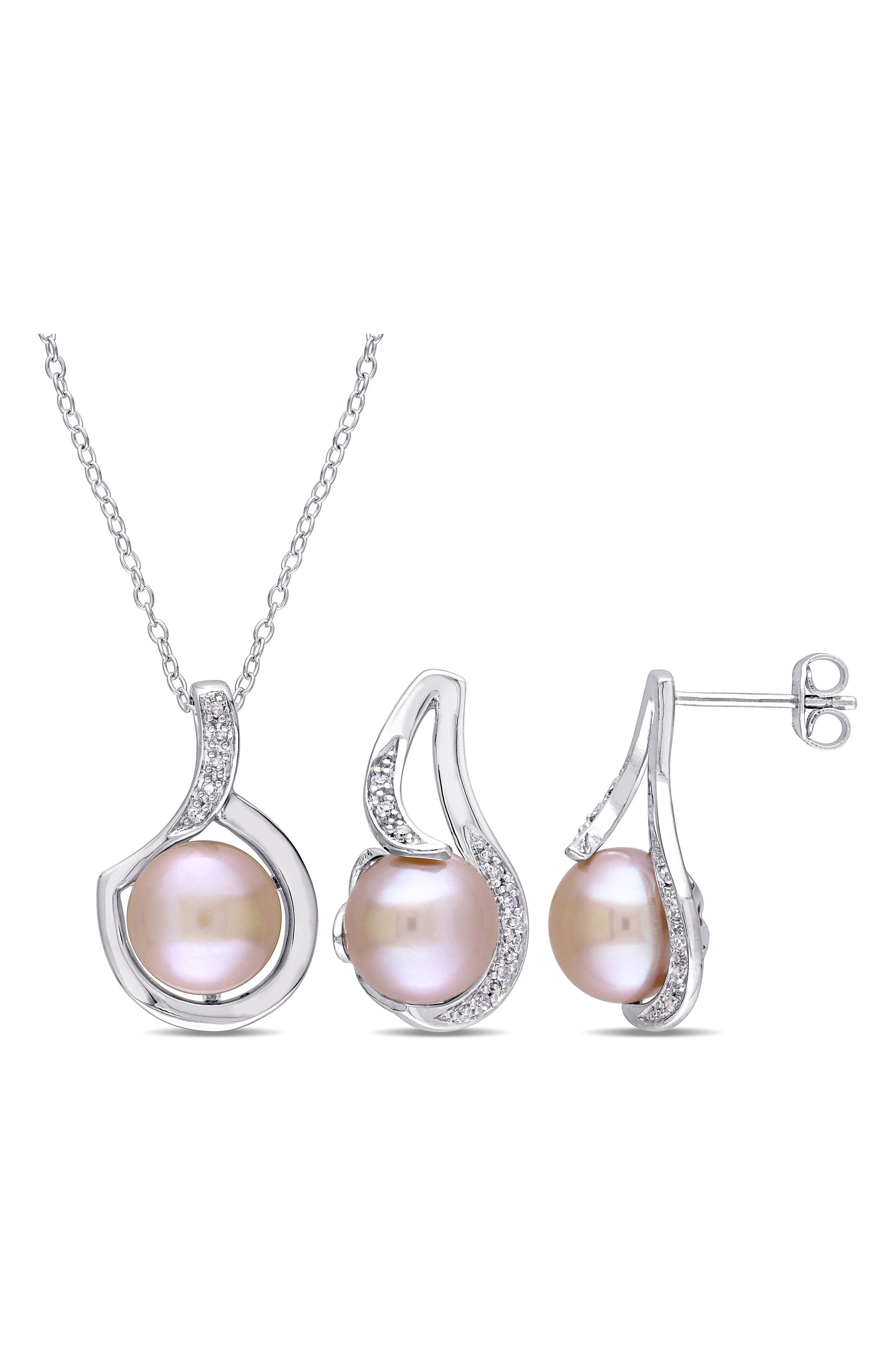 DELMAR Cultured Freshwater Pearl & Diamond Necklace & Stud Earrings Set - 0.10ct.